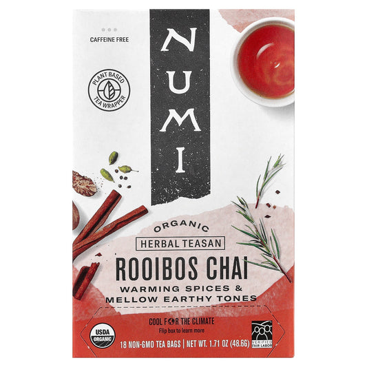 Numi Tea, Organic Herbal Teasan, Rooibos Chai, Caffeine Free, 18 Non-GMO Tea Bags, 1.71 oz (48.6 g) - Image 1