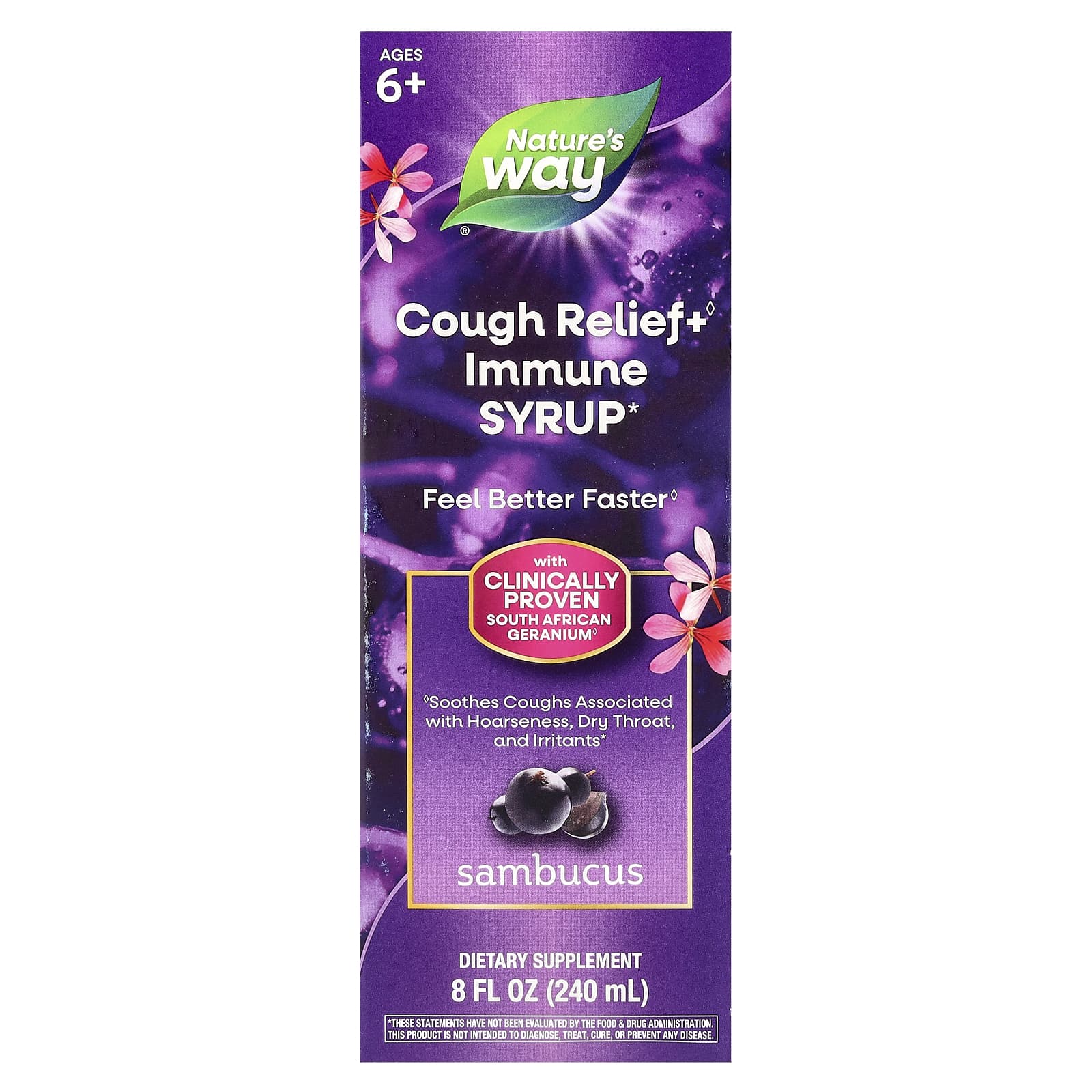 Nature's Way, Cough Relief+ Immune Syrup, Ages 6+, Sambucus, 8 fl oz (240 ml) - Image 1