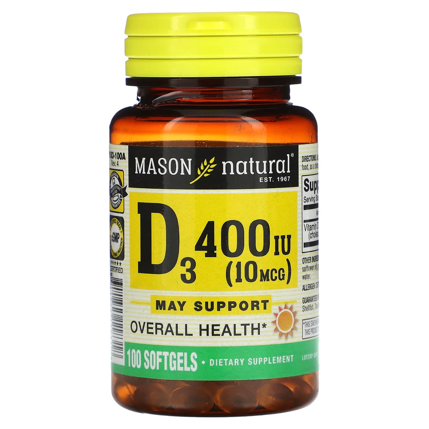 Mason Natural, Vitamin D3, 10 mcg (400 IU), 100 Softgels - Image 1