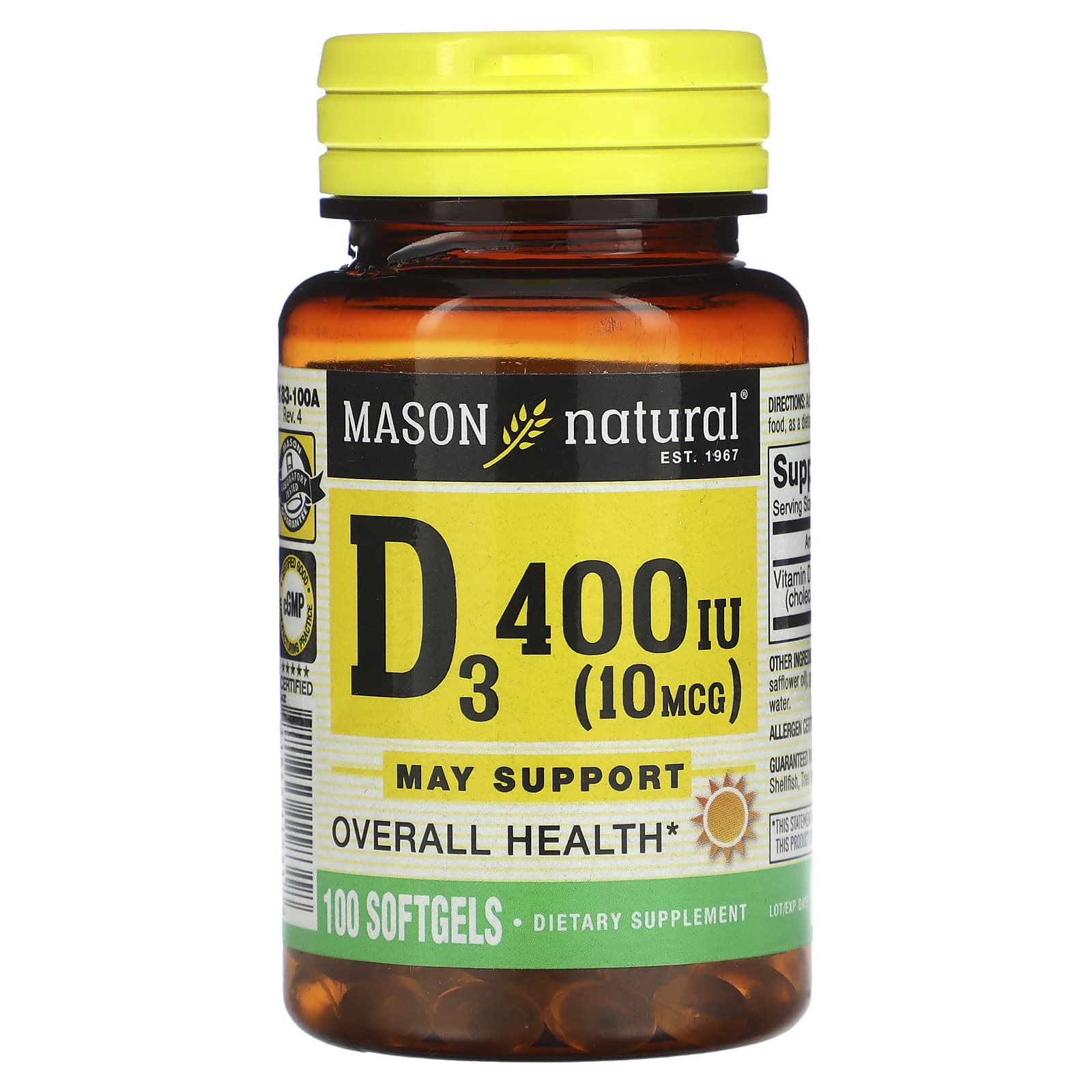 Mason Natural, Vitamin D3, 10 mcg (400 IU), 100 Softgels - Image 1