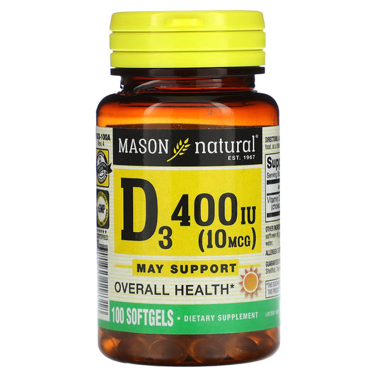 Mason Natural, Vitamin D3, 10 mcg (400 IU), 100 Softgels - Image 1