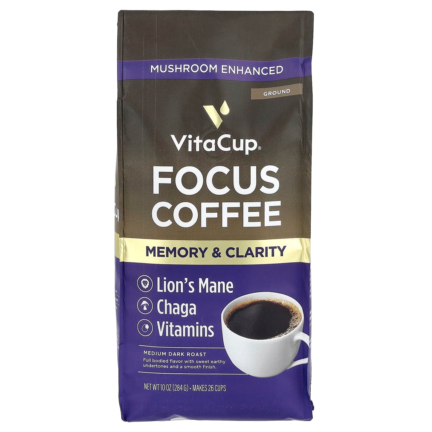 VitaCup, Focus Coffee, Ground, Medium Dark Roast, 10 oz (284 g) - Image 1