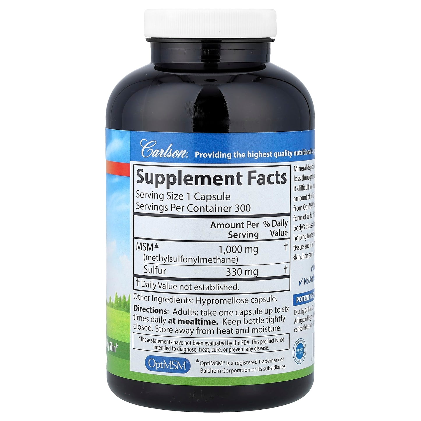 Carlson MSM Sulfur, 300 Capsules | OptiMSM & Gluten-Free - Image 2