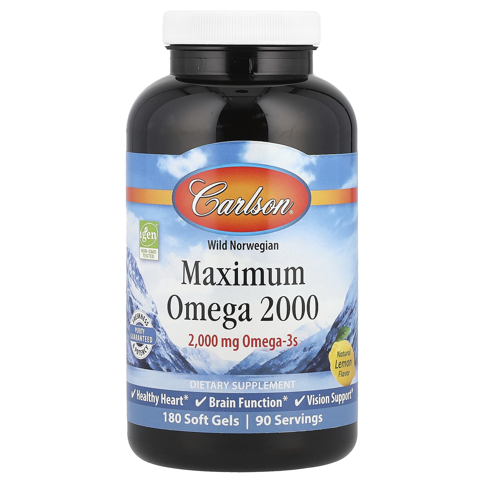 Carlson Maximum Omega 2000, Natural Lemon, 180 Soft Gels for Heart Health - Image 1