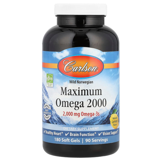 Carlson Maximum Omega 2000, Natural Lemon, 180 Soft Gels for Heart Health - Image 1