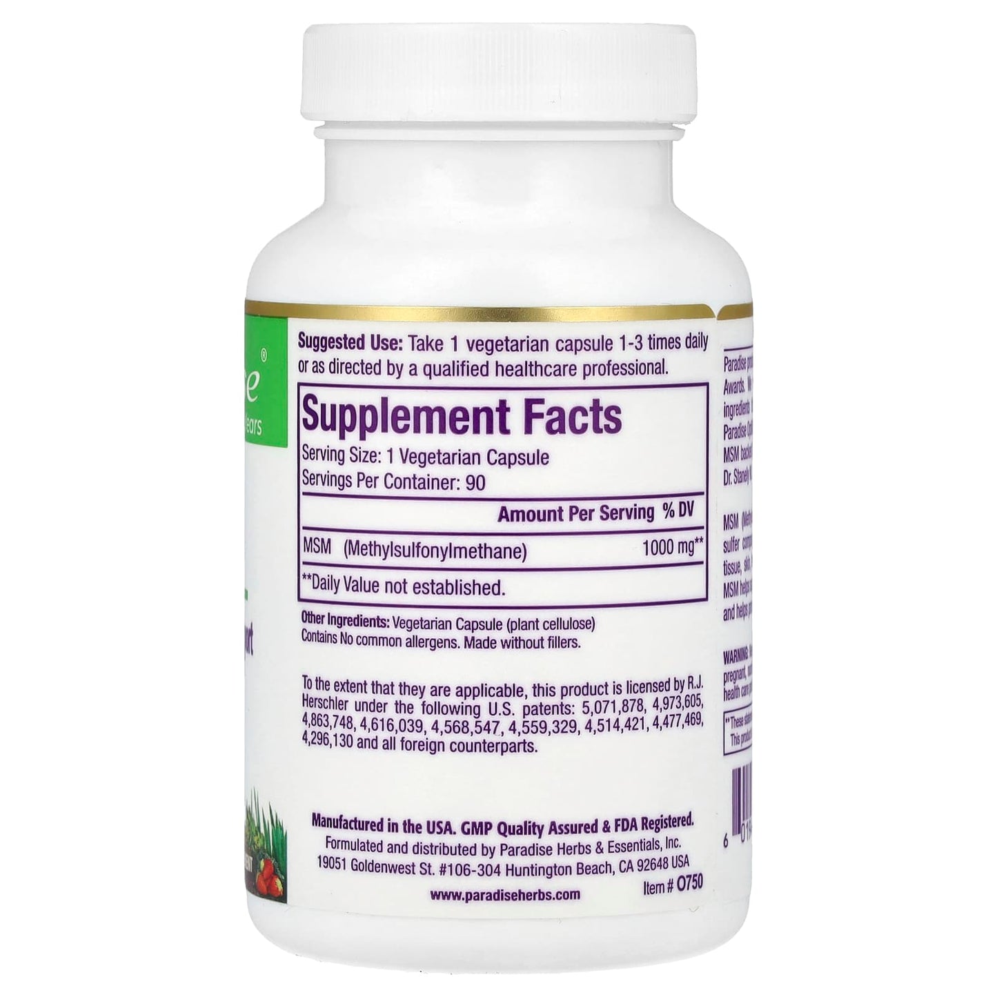 Paradise Herbs, MSM, 1,000 mg, 90 Vegetarian Capsules - Image 2