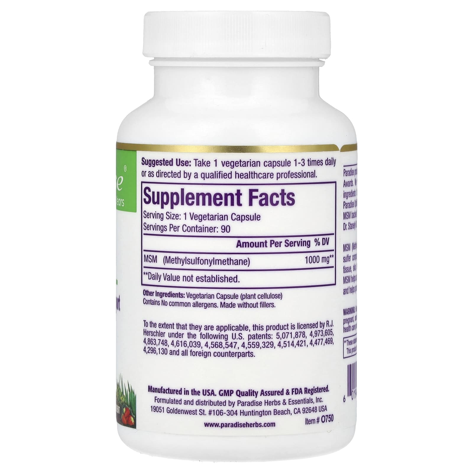 Paradise Herbs, MSM, 1,000 mg, 90 Vegetarian Capsules - Image 2