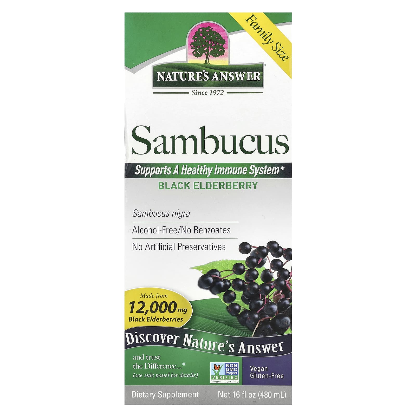 Nature's Answer, Sambucus, Black Elderberry, Alcohol-Free, 2,500 mg, 16 fl oz (480 ml) - Image 1