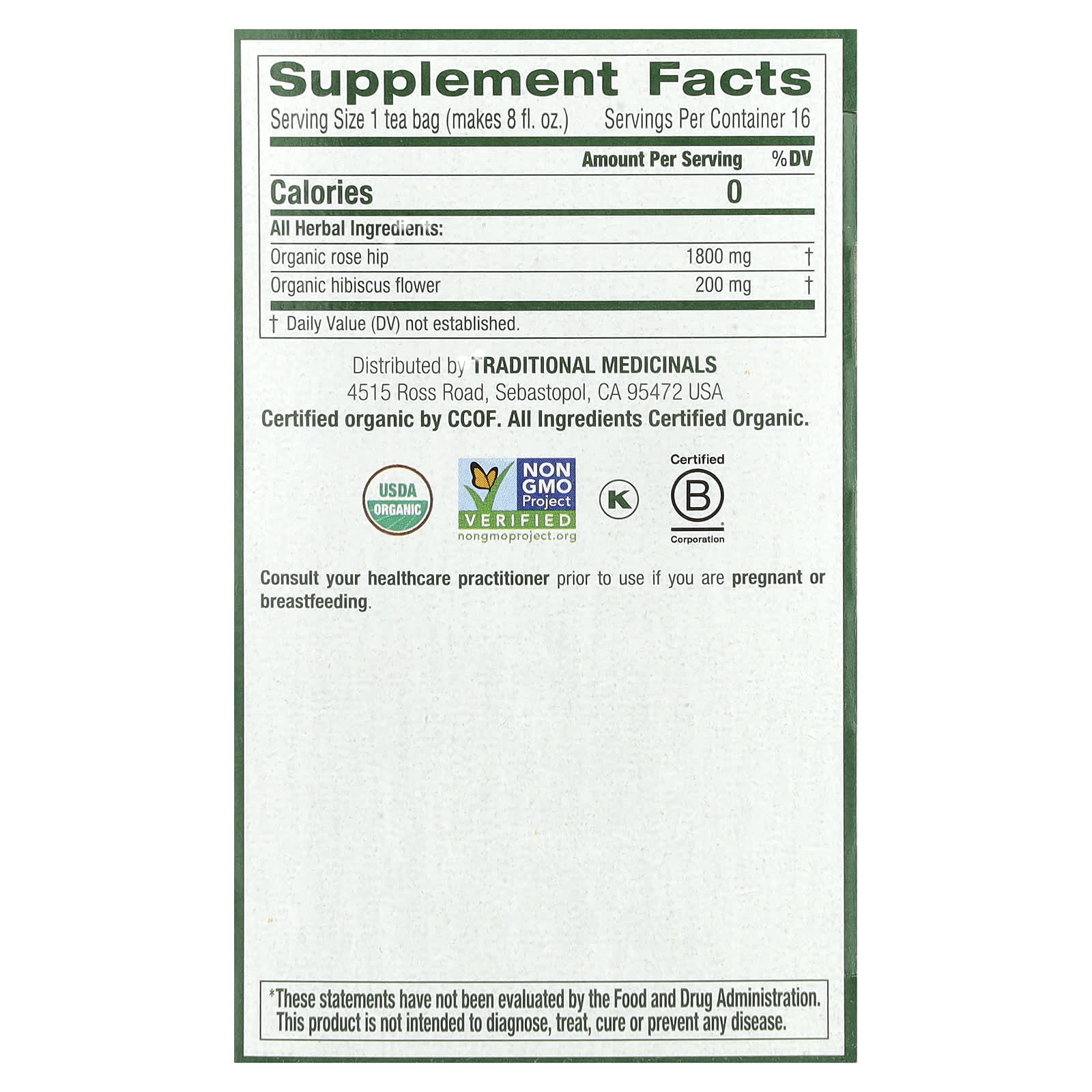 Traditional Medicinals, Organic Rose Hips & Hibiscus, Caffeine Free, 16 Wrapped Tea Bags, 1.13 oz (32 g) - Image 2