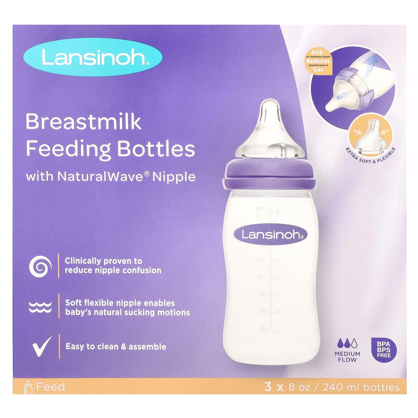 Lansinoh, Breastmilk Feeding Bottles with NaturalWave® Nipple, Medium Flow, 3 Bottles, 8 oz (240 ml) Each - Image 1