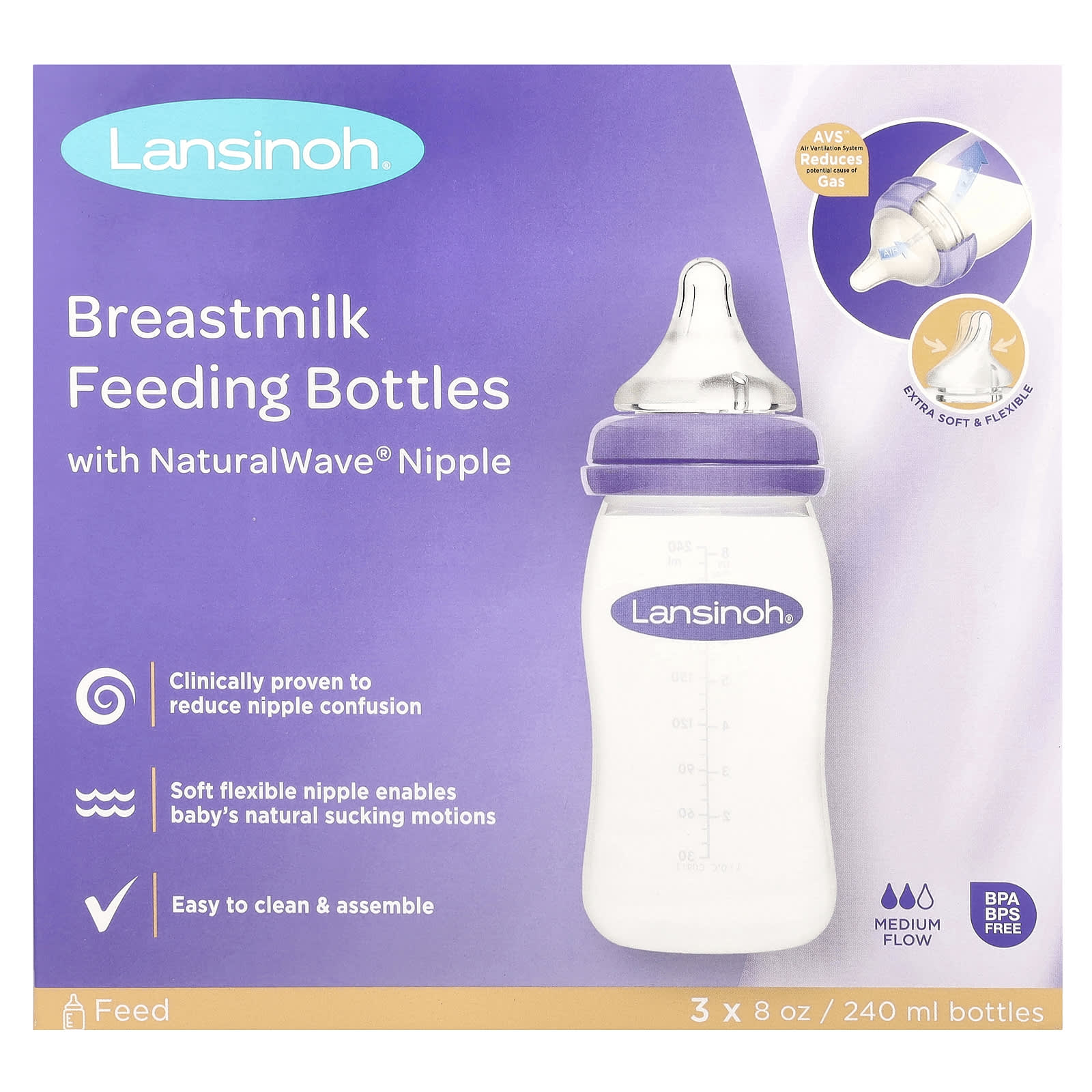 Lansinoh, Breastmilk Feeding Bottles with NaturalWave® Nipple, Medium Flow, 3 Bottles, 8 oz (240 ml) Each - Image 1