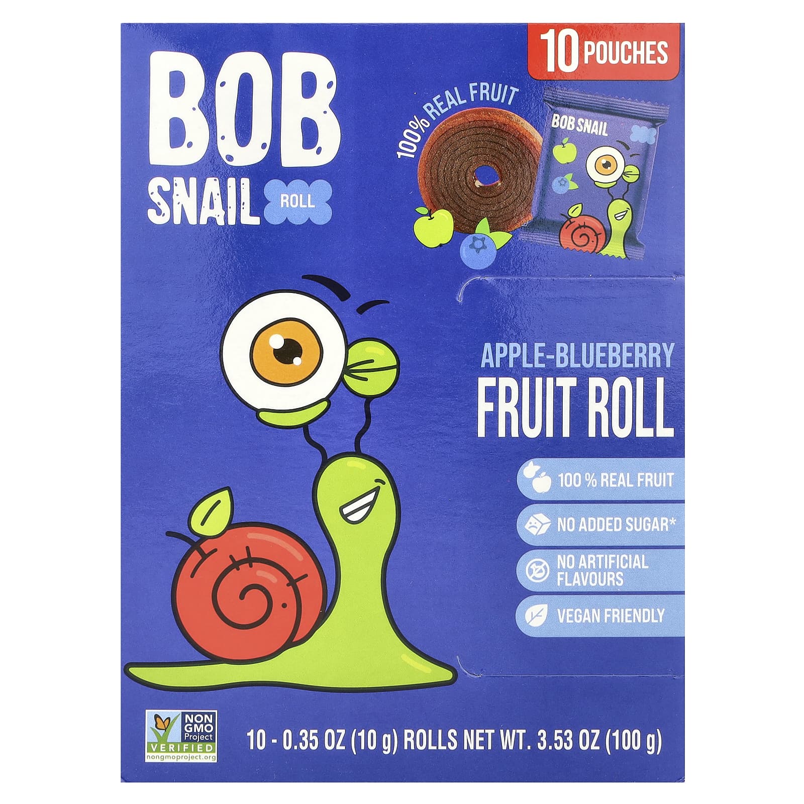 Delicious Bob Snail Apple-Blueberry Fruit Rolls, 10 Pouches, Non-GMO, Vegan - Image 1