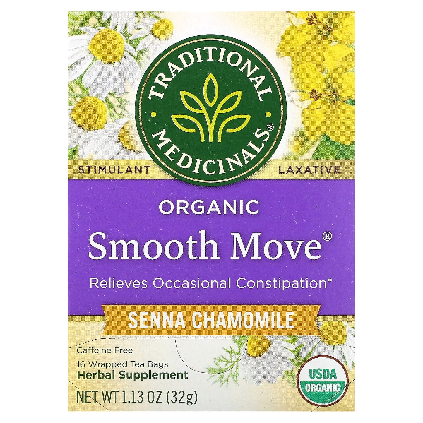 Traditional Medicinals, Organic Smooth Move®, Senna Chamomile, Caffeine Free, 16 Wrapped Tea Bags, 1.13 oz (32 g) - Image 1