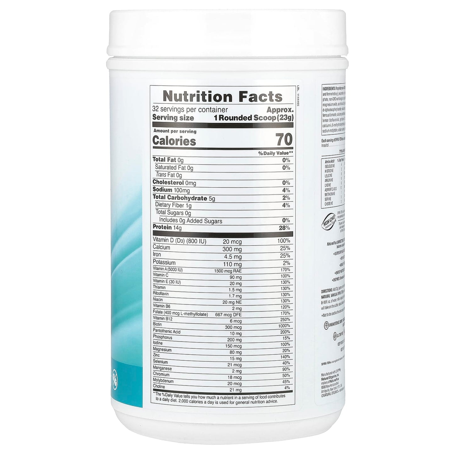 NaturesPlus, Spiru-Tein®, Protein Powder Meal, Unsweetened, Vanilla, 1.62 lbs (736 g) - Image 2
