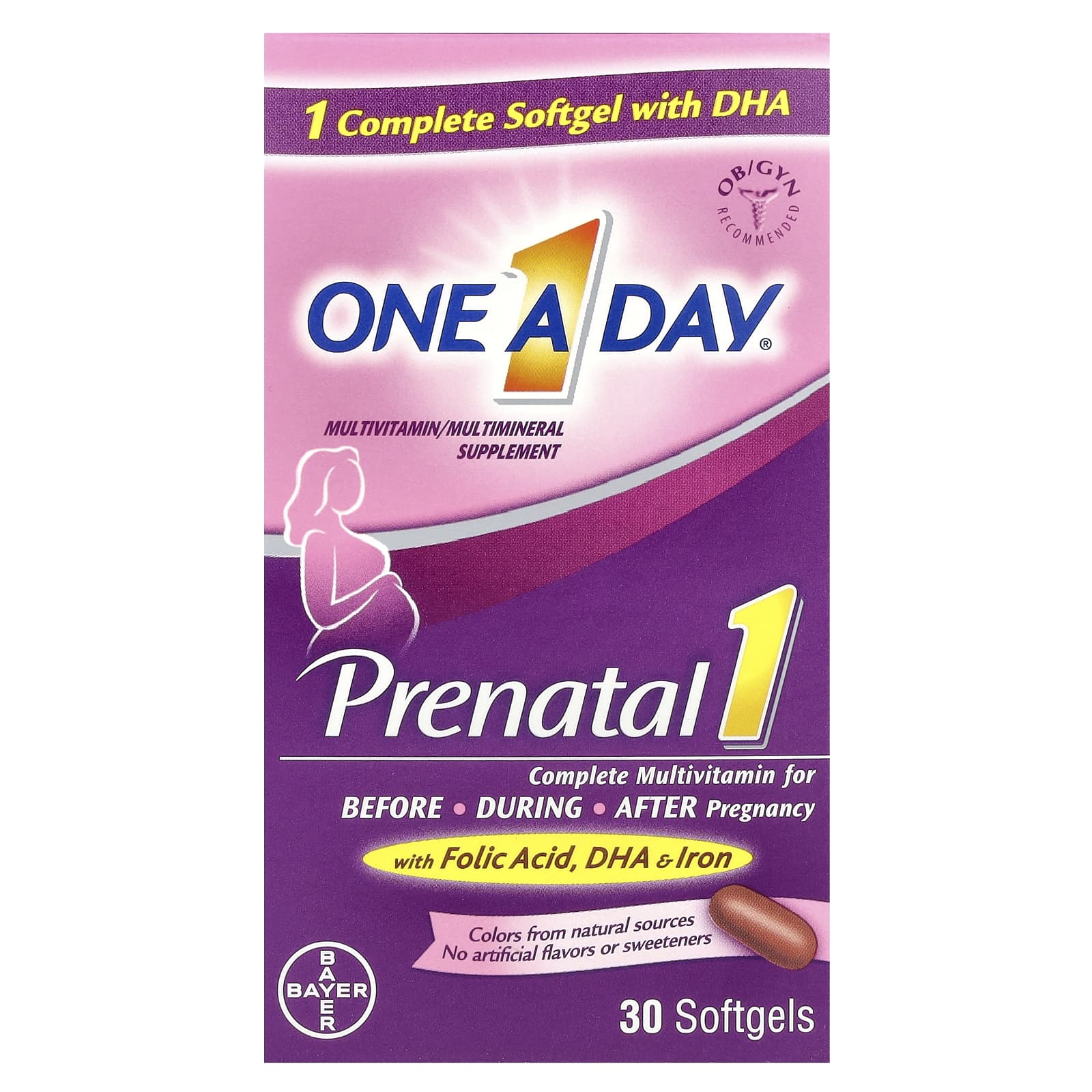 One-A-Day, Prenatal 1 with Folic Acid, DHA & Iron, Multivitamin/Multimineral Supplement, 30 Softgels - Image 1