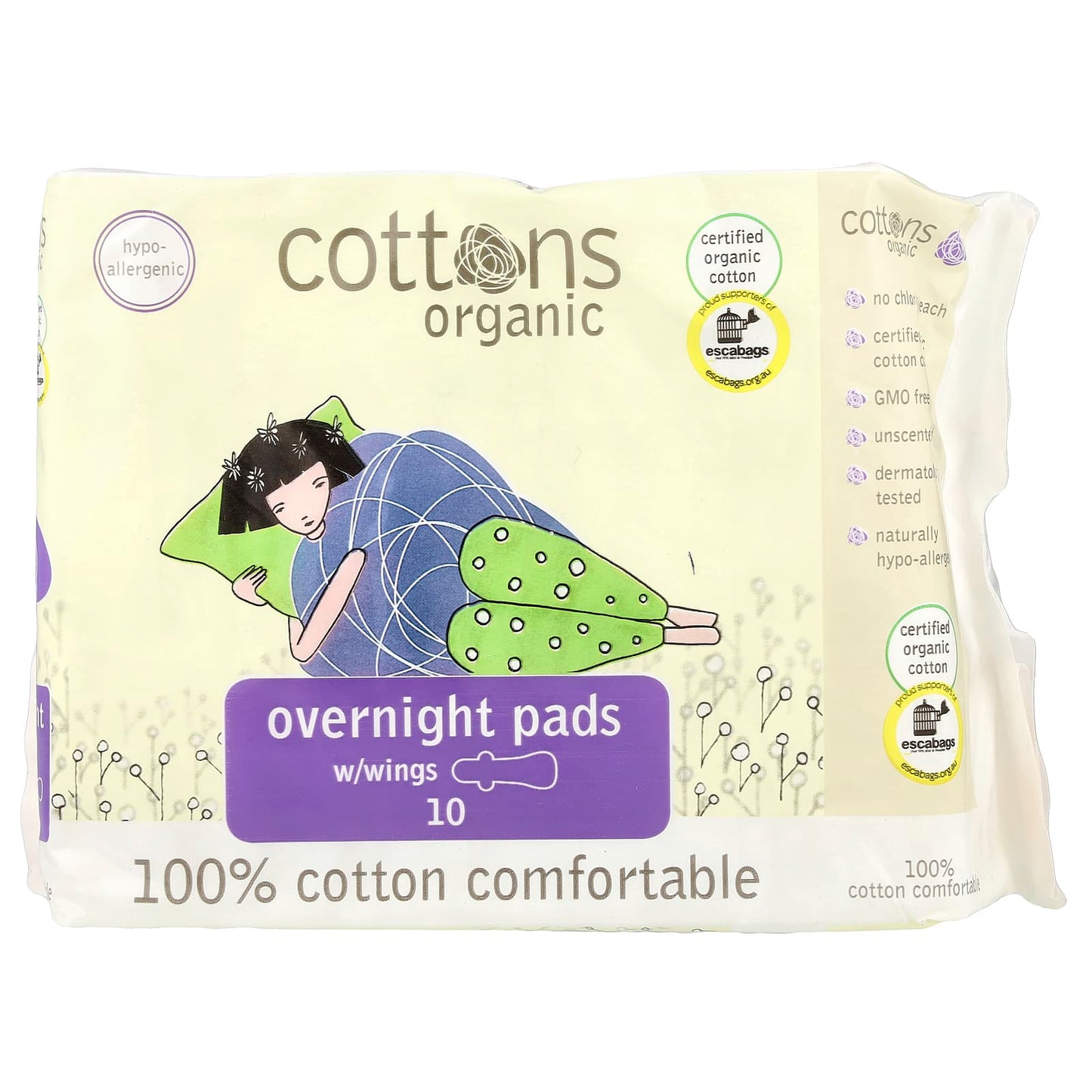 Organic Cotton Overnight Pads with Wings, Heavy, Unscented, 10 Pads - Image 1