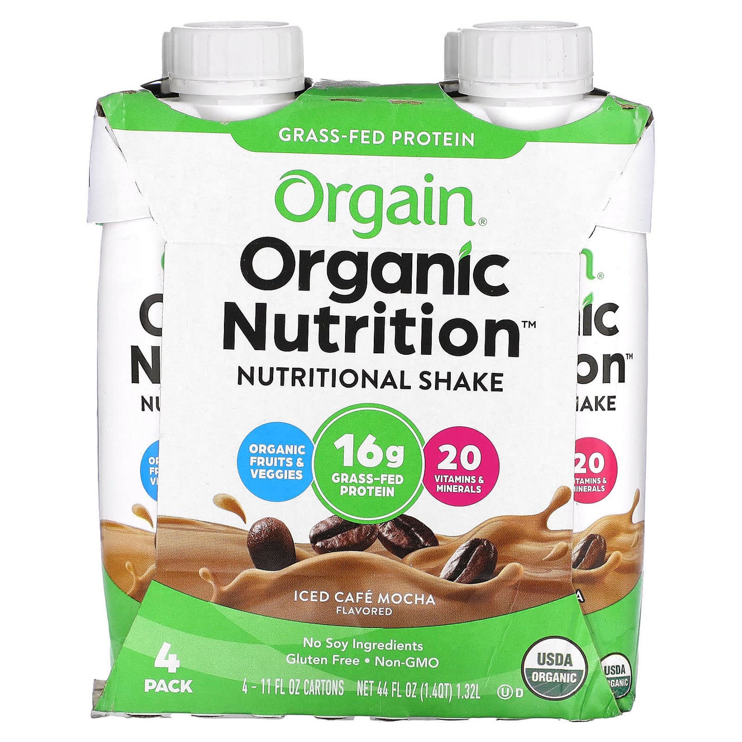 Orgain, Organic Nutrition, Nutritional Shake, Iced Cafe Mocha, 4 Pack, 11 fl oz (330 ml) Each - Image 1