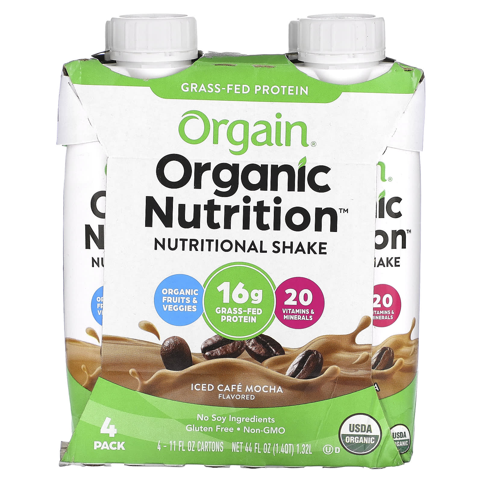 Orgain, Organic Nutrition, Nutritional Shake, Iced Cafe Mocha, 4 Pack, 11 fl oz (330 ml) Each - Image 1