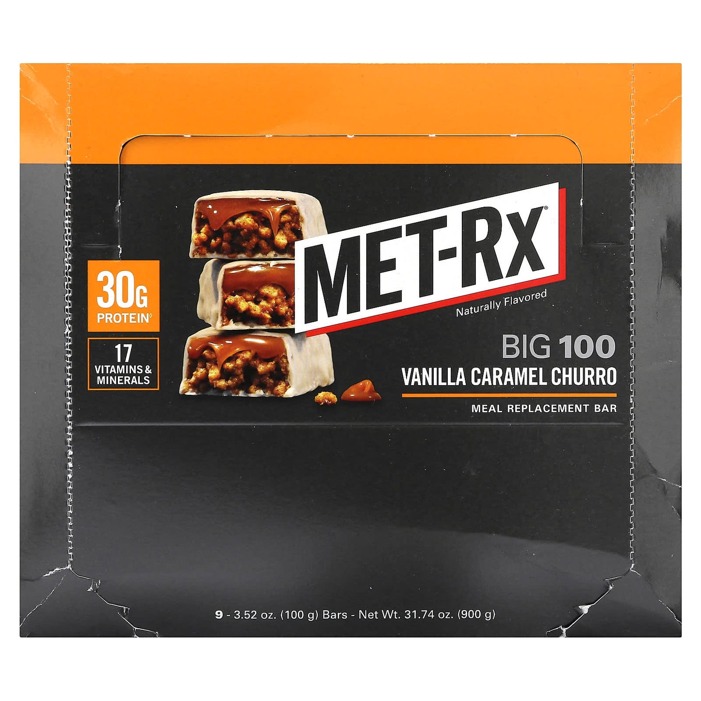 MET-Rx, Big 100, Meal Replacement Bar, Vanilla Caramel Churro, 9 Bars, 3.52 oz (100 g) Each - Image 1