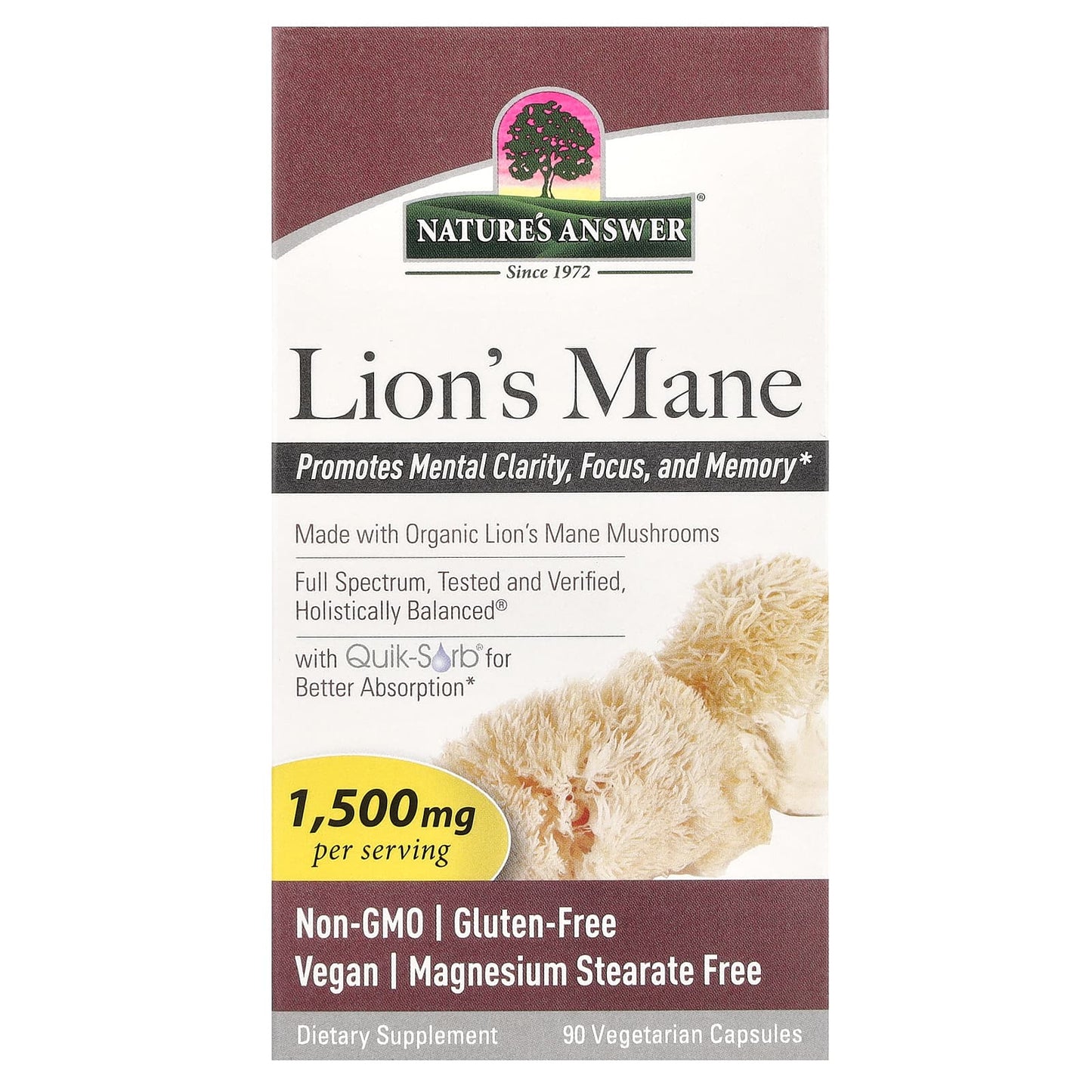 Nature's Answer, Lion's Mane, 90 Vegetarian Capsules (500 mg per Capsule) - Image 1