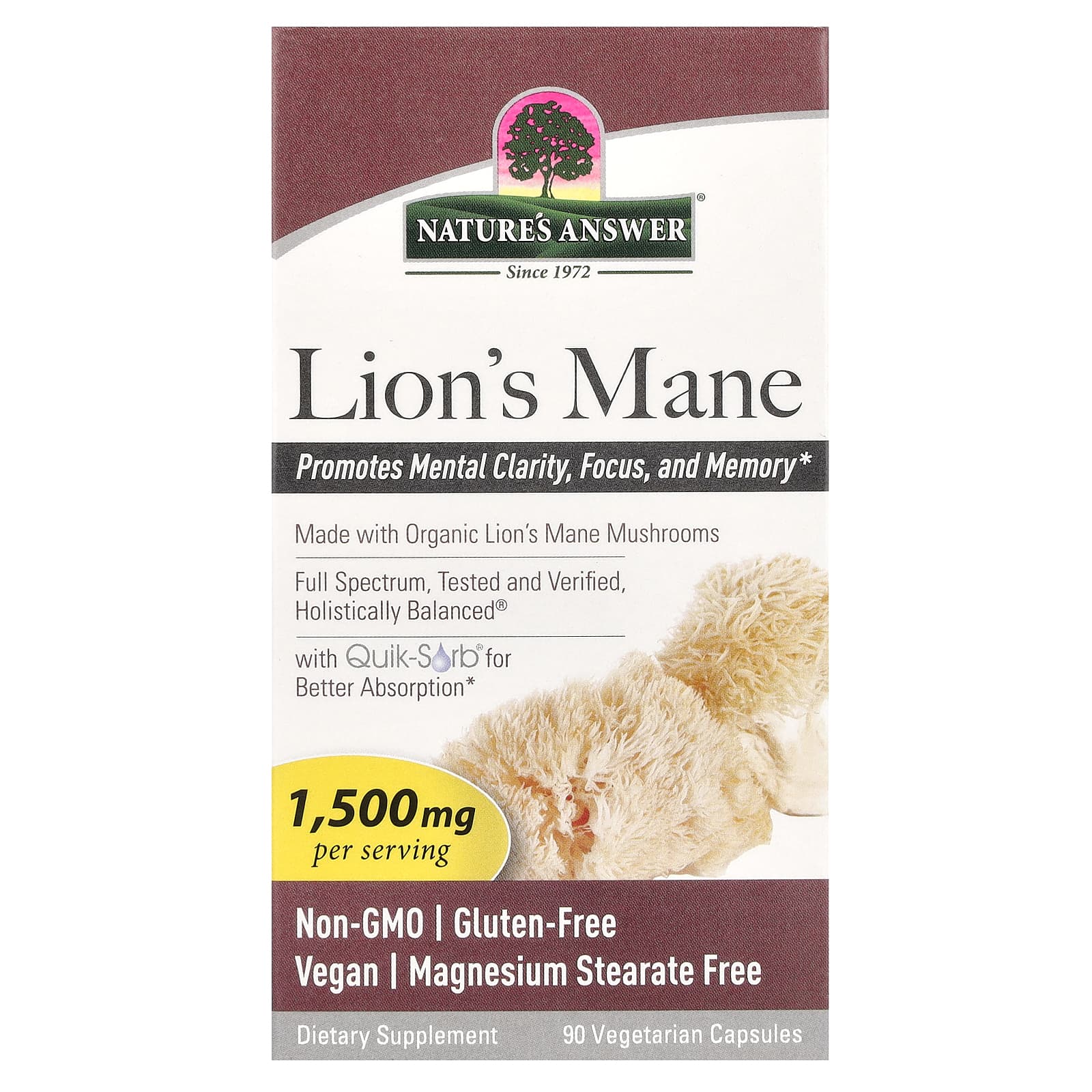 Nature's Answer, Lion's Mane, 90 Vegetarian Capsules (500 mg per Capsule) - Image 1