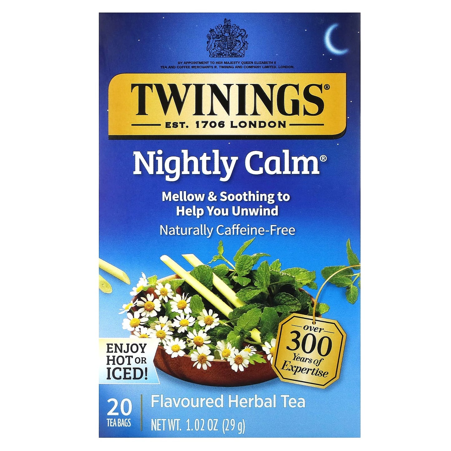 Twinings, Flavored Herbal Tea, Nightly Calm, Caffeine Free, 20 Tea Bags, 1.02 oz (29 g) - Image 1