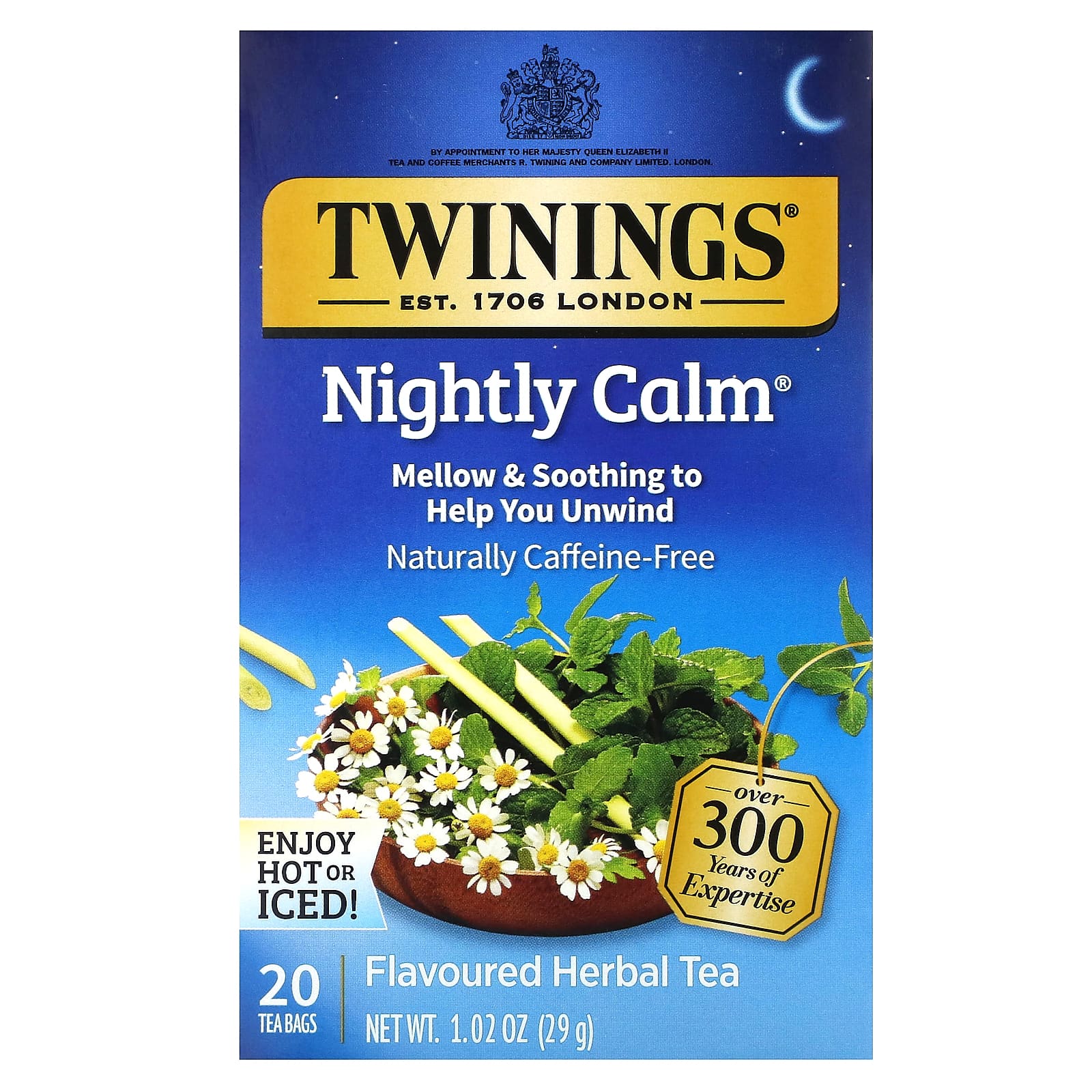 Twinings, Flavored Herbal Tea, Nightly Calm, Caffeine Free, 20 Tea Bags, 1.02 oz (29 g) - Image 1