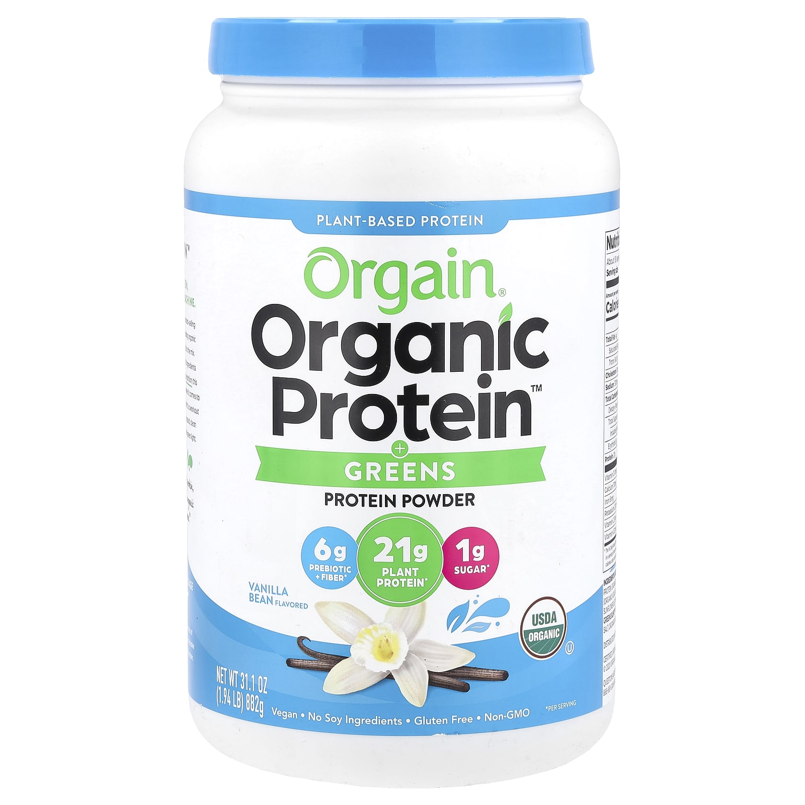 Orgain, Organic Protein™ + Greens Protein Powder, Plant-Based, Vanilla Bean, 1.94 lb (882 g) - Image 1