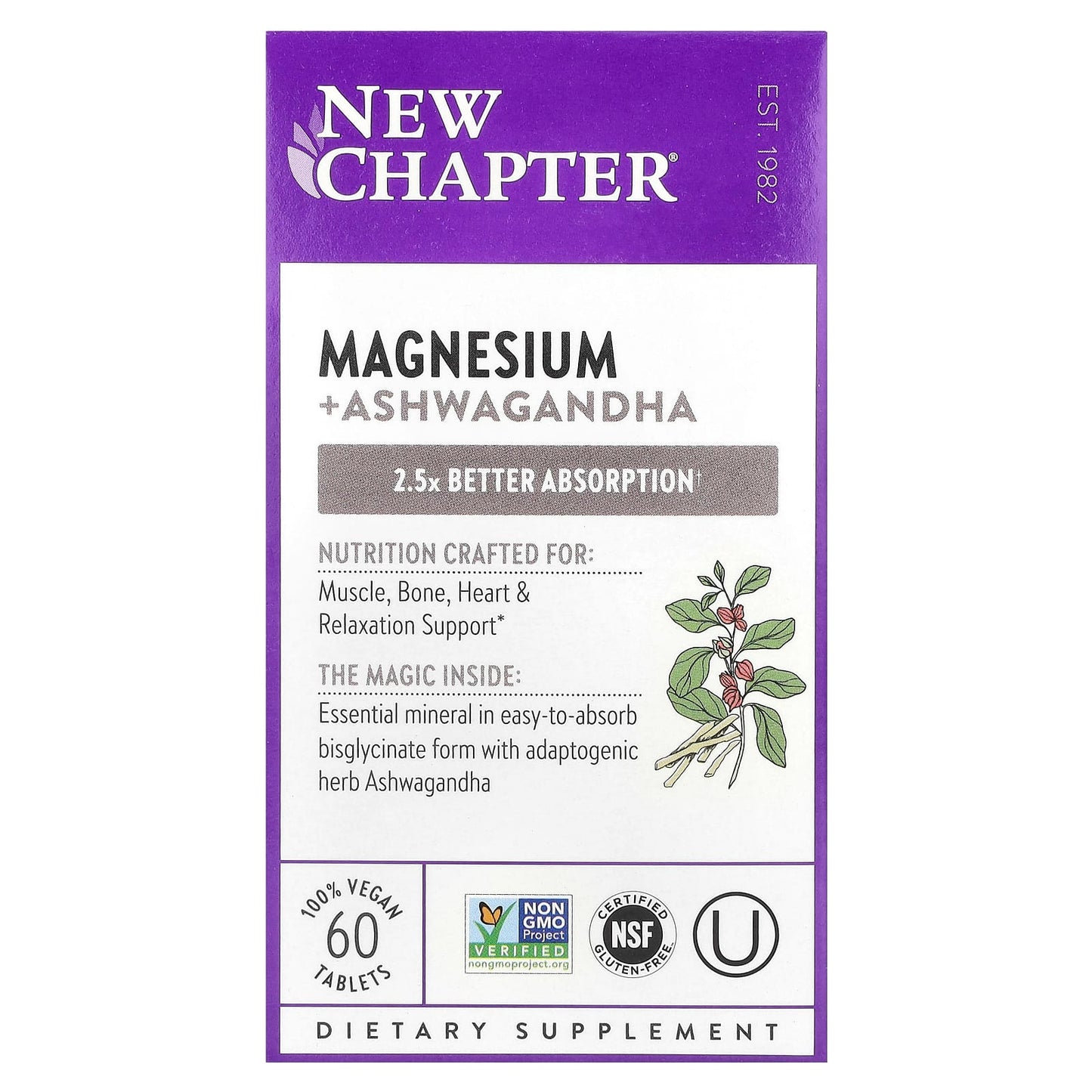 New Chapter, Magnesium + Ashwagandha, 60 Vegan Tablets - Image 1