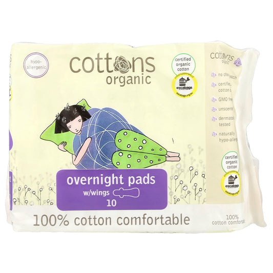 Organic Cotton Overnight Pads with Wings, Heavy, Unscented, 10 Pads - Image 1
