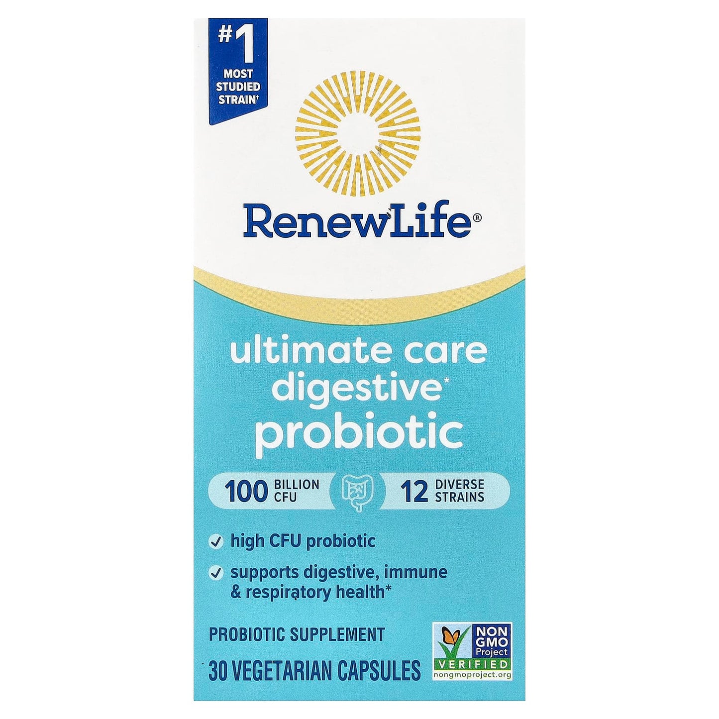 Renew Life, Ultimate Care Digestive Probiotic, 100 Billion CFU, 30 Vegetarian Capsules - Image 1