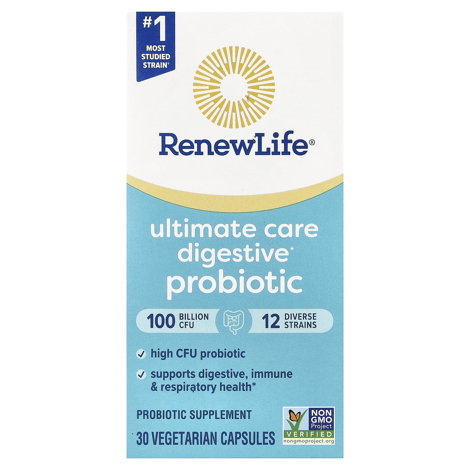 Renew Life, Ultimate Care Digestive Probiotic, 100 Billion CFU, 30 Vegetarian Capsules - Image 1