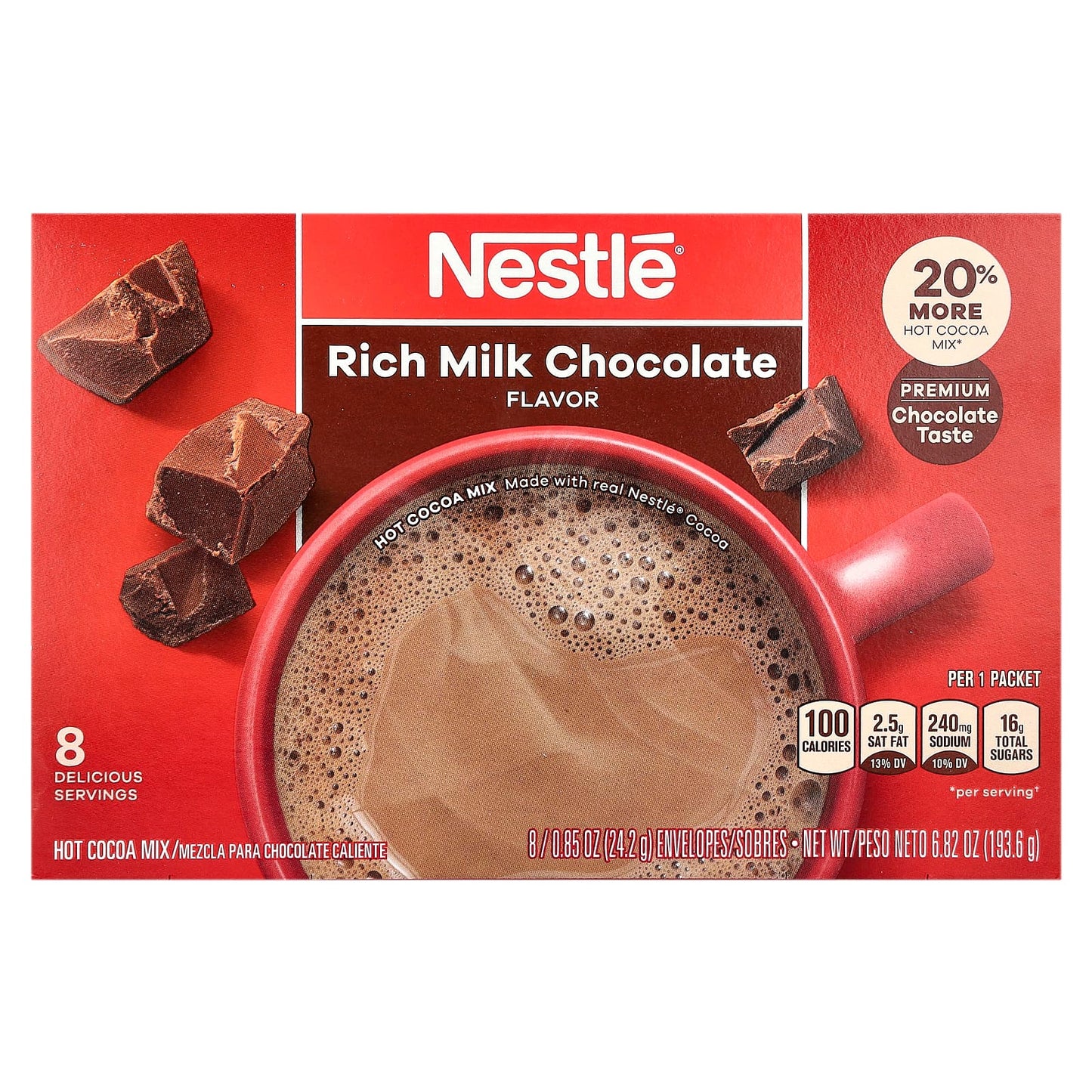 Nestle Hot Cocoa Mix, Rich Milk Chocolate, 8 Envelopes, 0.85 oz (24.2 g) Each - Image 1