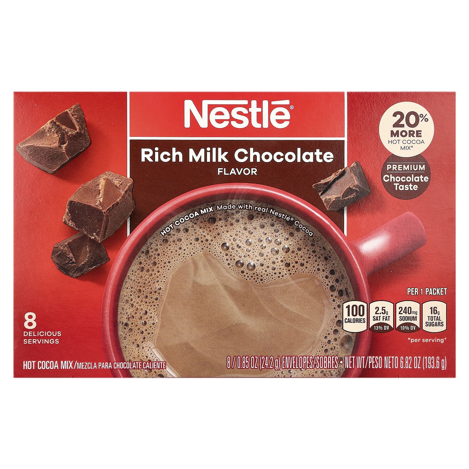 Nestle Hot Cocoa Mix, Rich Milk Chocolate, 8 Envelopes, 0.85 oz (24.2 g) Each - Image 1