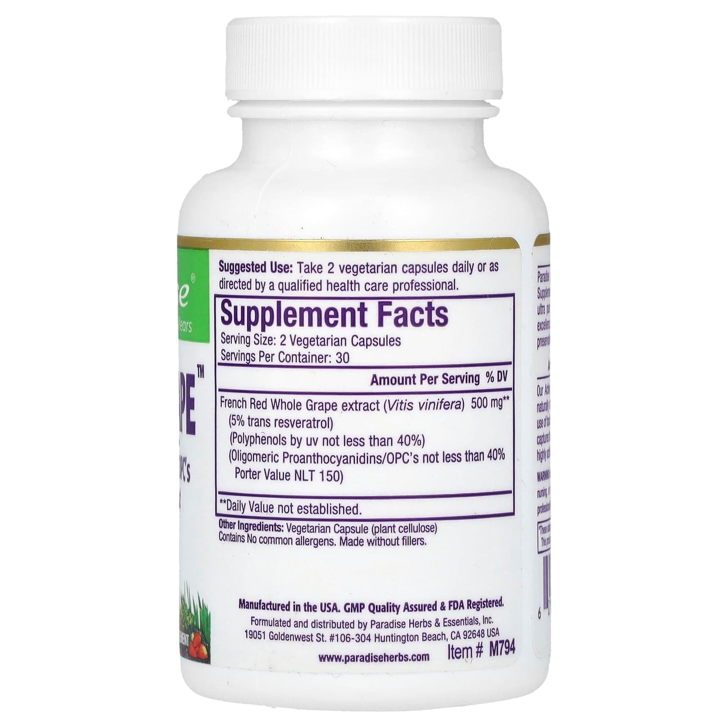 Paradise Herbs, Resvera-Grape, 60 Vegetarian Capsules (250 mg per Capsule) - Image 2