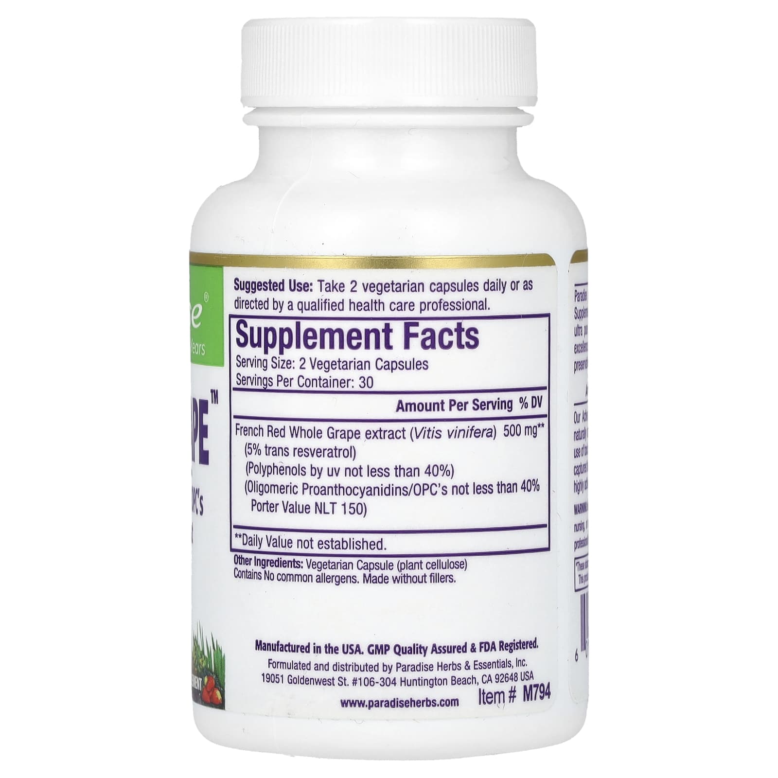 Paradise Herbs, Resvera-Grape, 60 Vegetarian Capsules (250 mg per Capsule) - Image 2