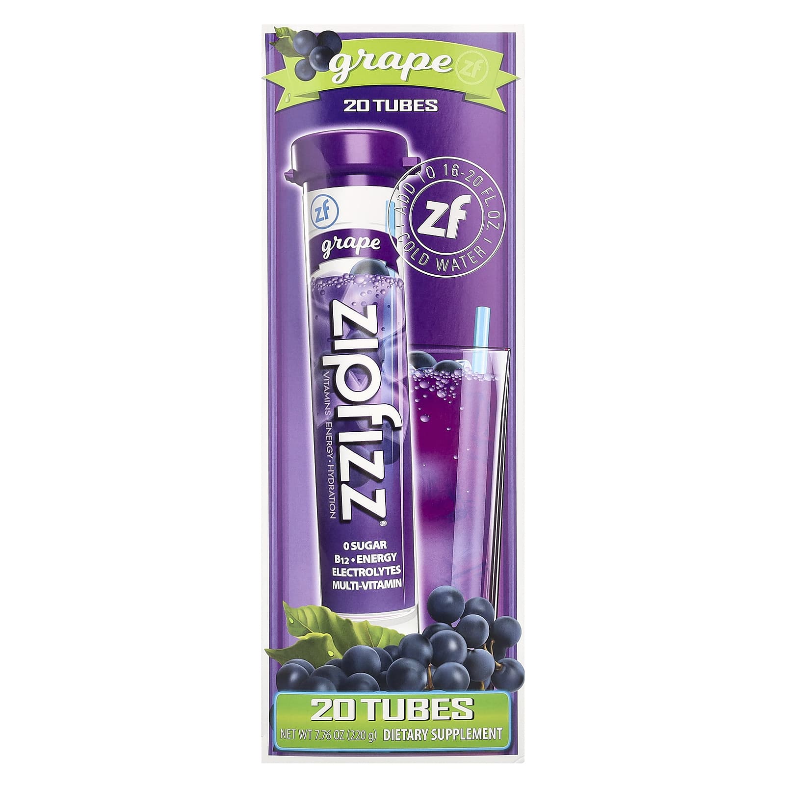Zipfizz, Energy Drink Mix, Grape, 20 Tubes, 0.39 oz (11 g) Each - Image 1