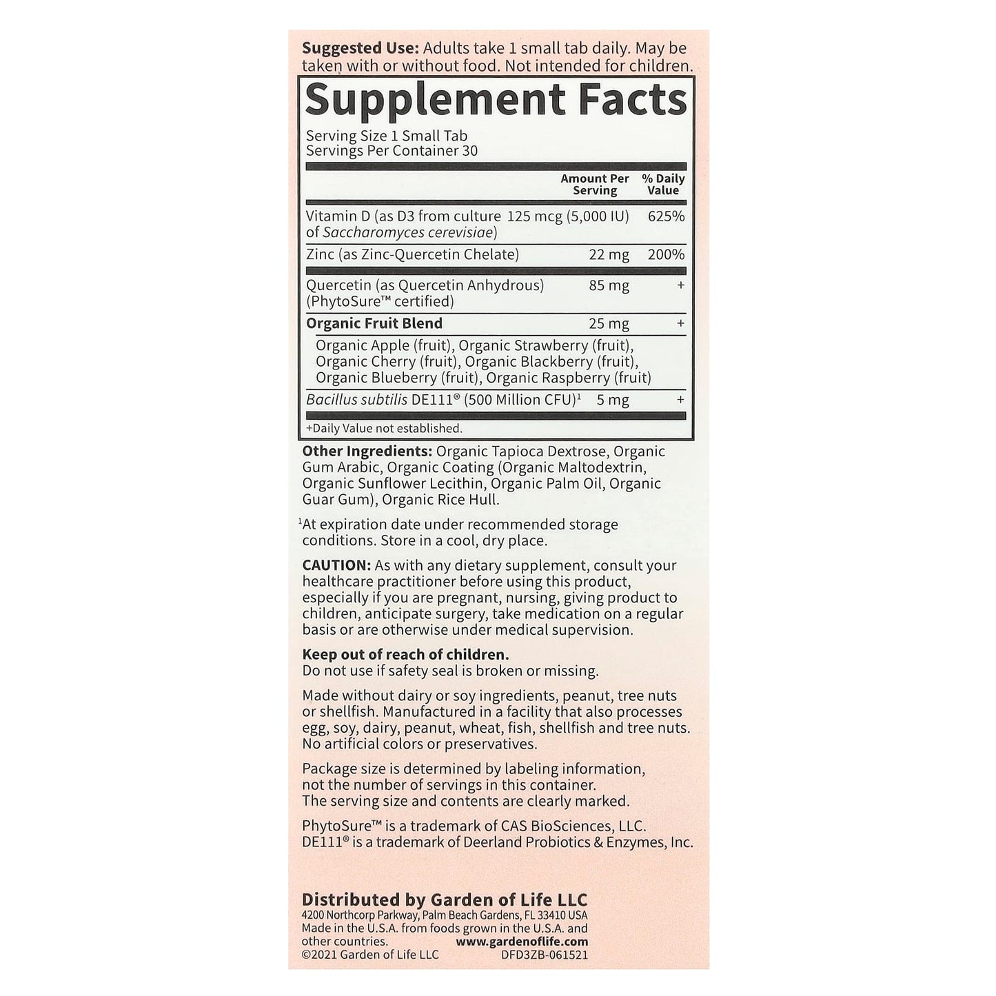 Garden of Life Vitamin D3 & Zinc Supplement, 30 Small Tablets - Image 2