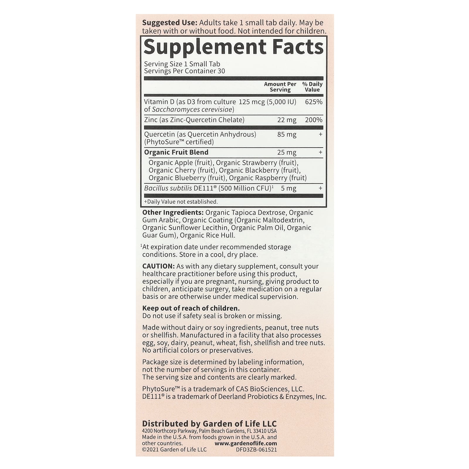 Garden of Life Vitamin D3 & Zinc Supplement, 30 Small Tablets - Image 2
