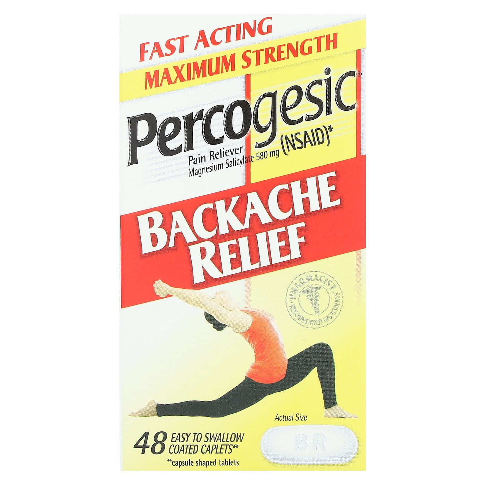 Percogesic, Backache Relief Pain Reliever, Maximum Strength, 580 mg, 48 Easy To Swallow Coated Caplets - Image 1