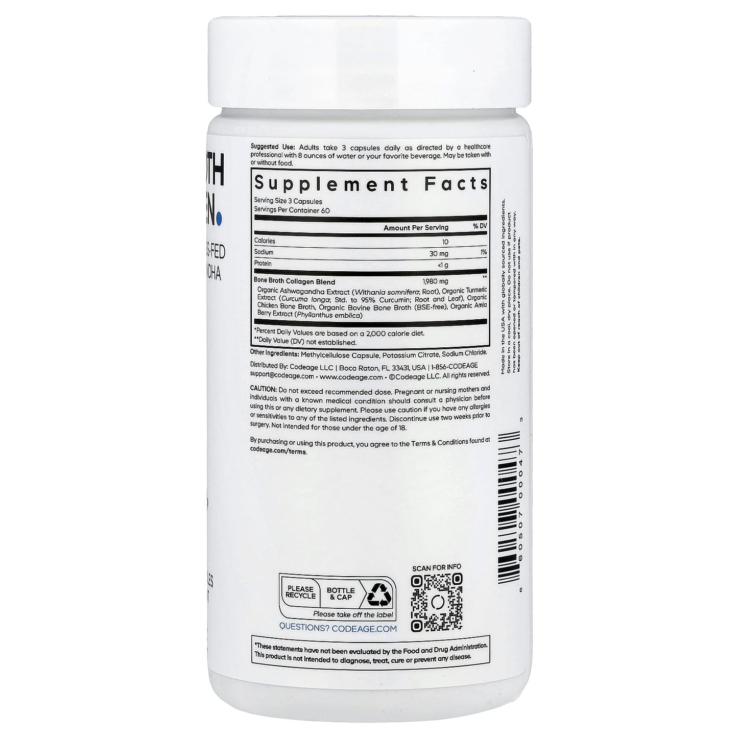 Codeage Grass-Fed Bone Broth Collagen 180 Capsules - Turmeric, Ashwagandha - Image 2