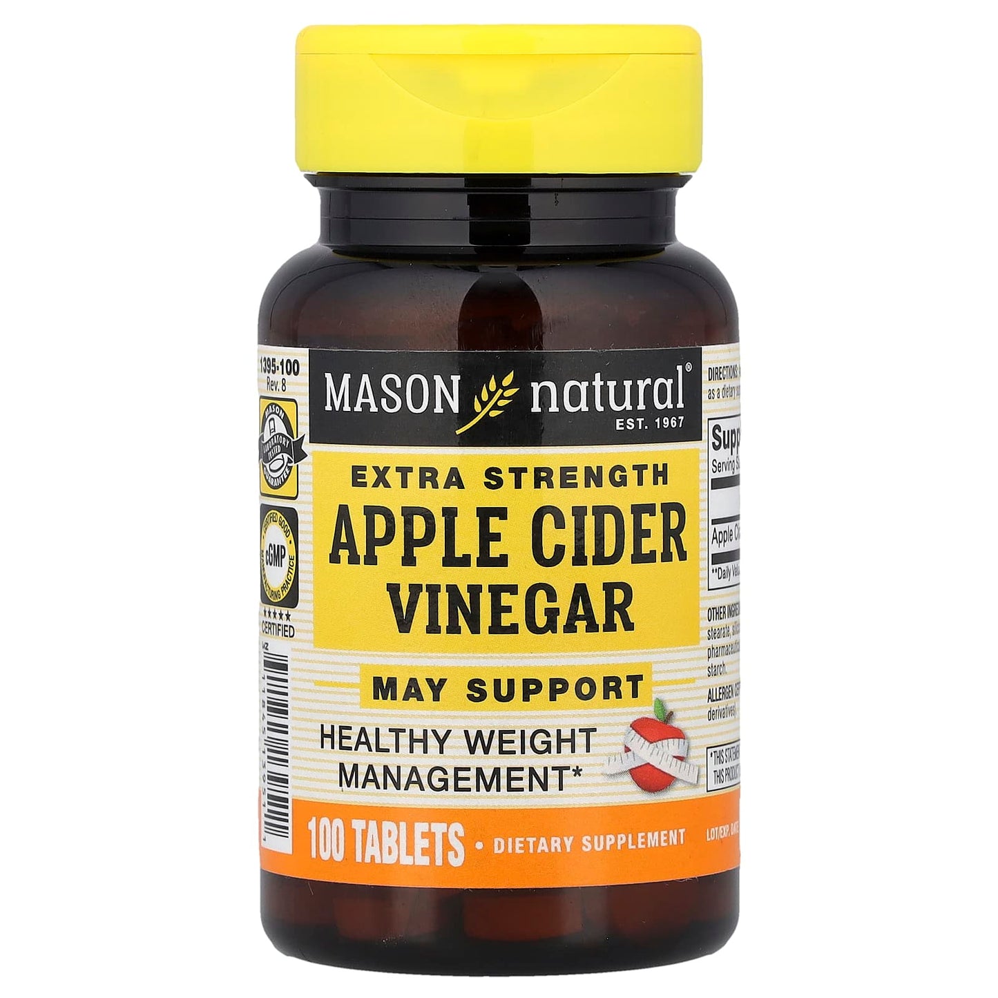 Mason Natural, Apple Cider Vinegar, Extra Strength, 100 Tablets (500 mg per Tablet) - Image 1