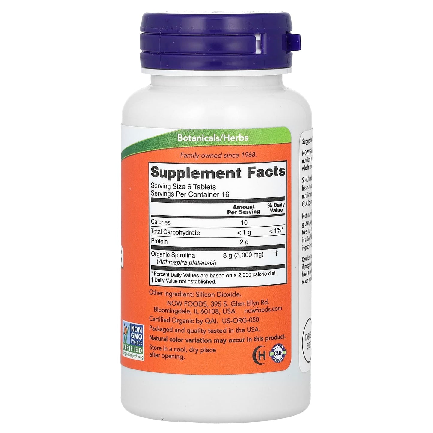 NOW Foods, Certified Organic Spirulina, 500 mg, 100 Tablets - Image 2