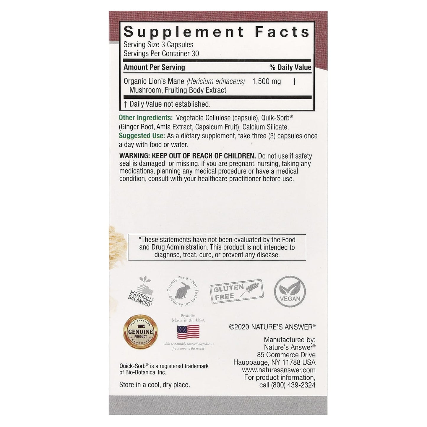 Nature's Answer, Lion's Mane, 90 Vegetarian Capsules (500 mg per Capsule) - Image 2