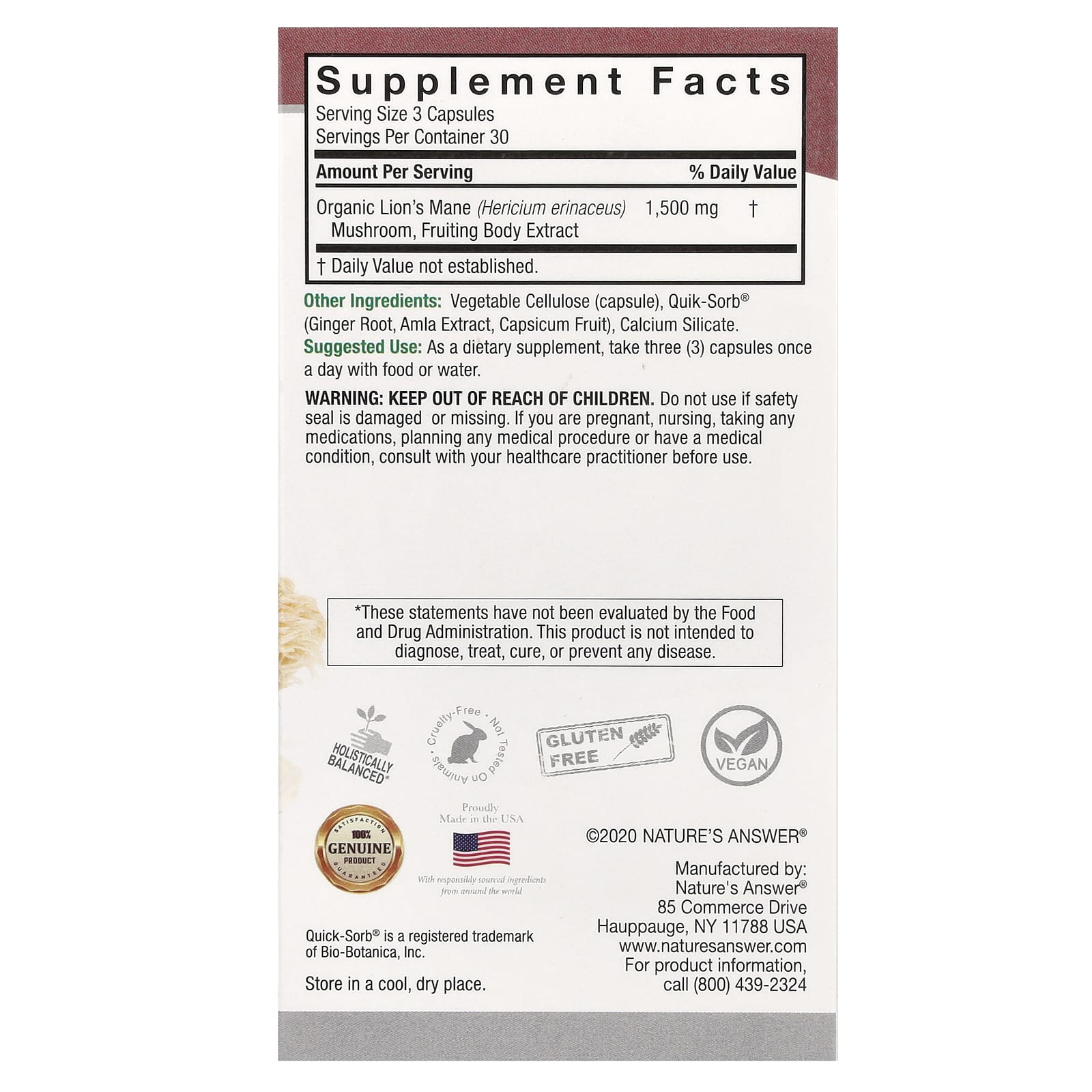 Nature's Answer, Lion's Mane, 90 Vegetarian Capsules (500 mg per Capsule) - Image 2