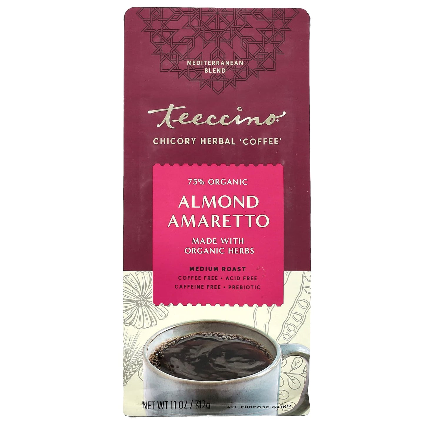 Teeccino, Chicory Herbal Coffee, Almond Amaretto, Medium Roast, Caffeine Free, 11 oz (312 g) - Image 1