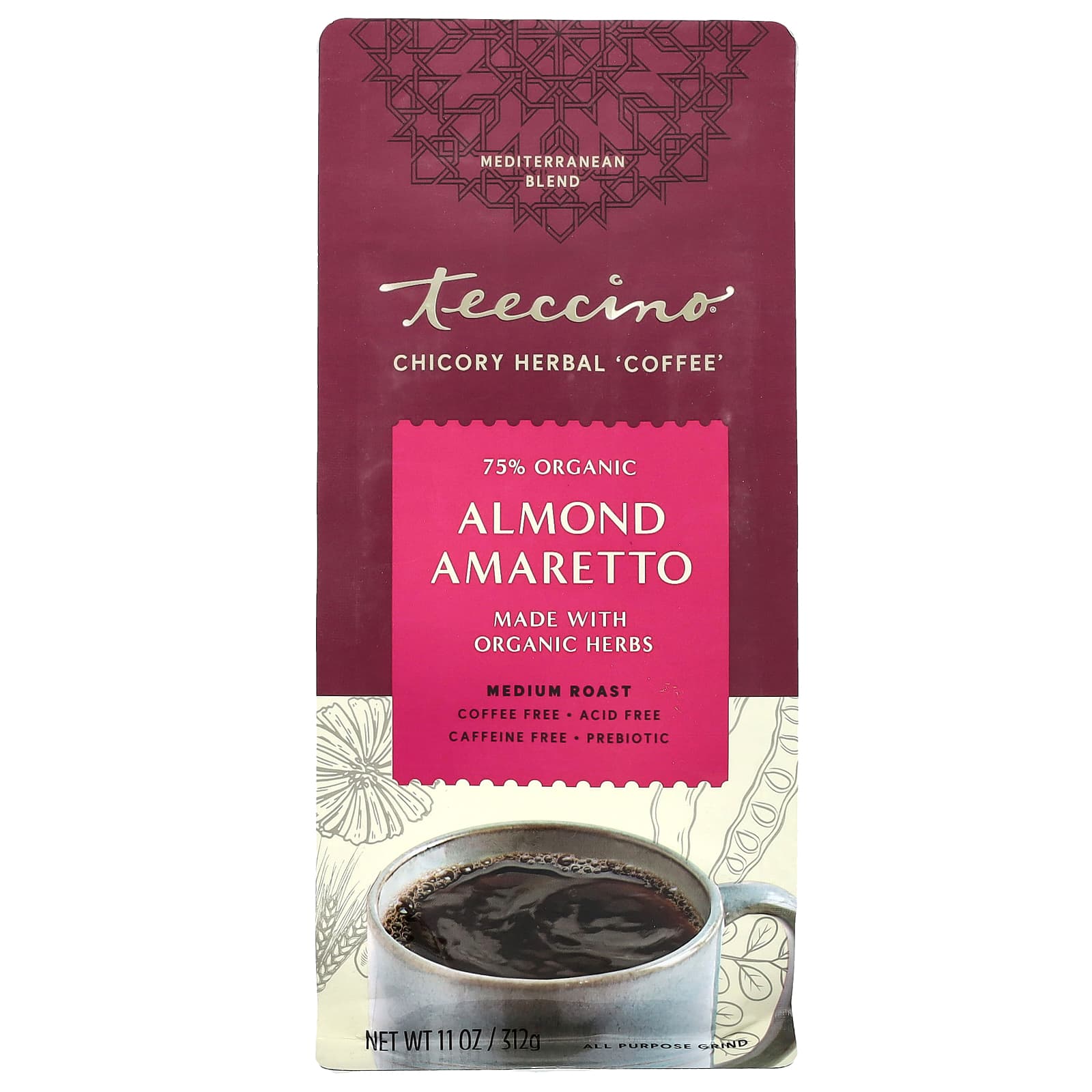 Teeccino, Chicory Herbal Coffee, Almond Amaretto, Medium Roast, Caffeine Free, 11 oz (312 g) - Image 1
