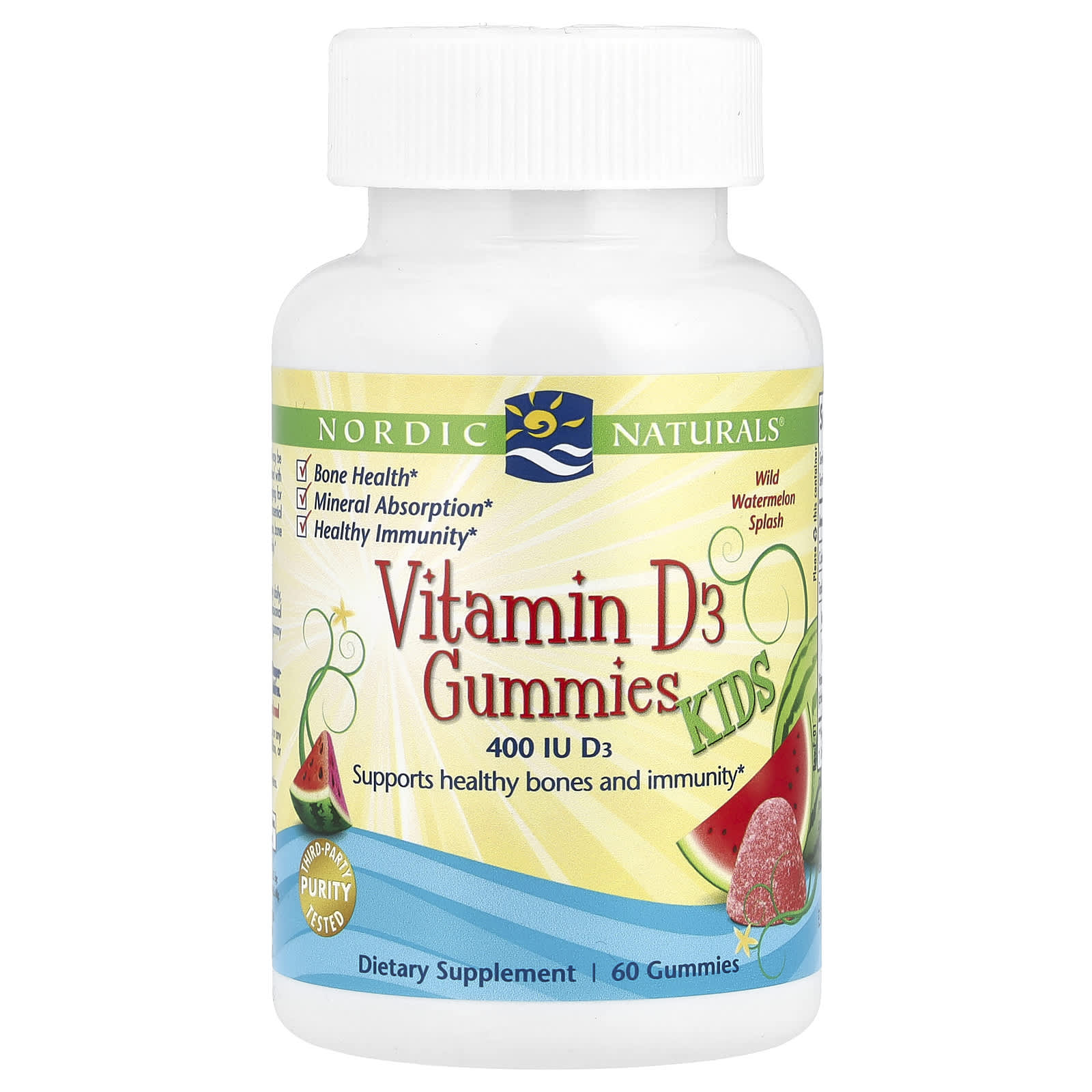 Nordic Naturals, Kids Vitamin D3 Gummies, Wild Watermelon Splash, 400 IU, 60 Gummies - Image 1