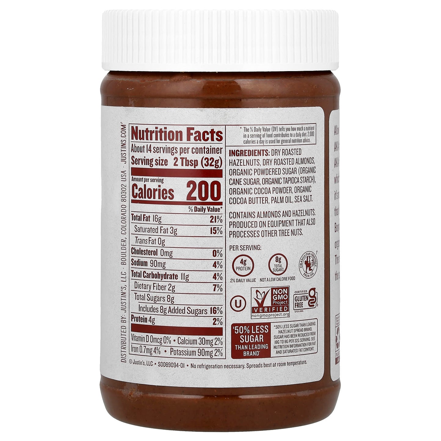 Justin's Chocolate Hazelnut & Almond Butter, Lower Sugar, 16 oz - Image 2