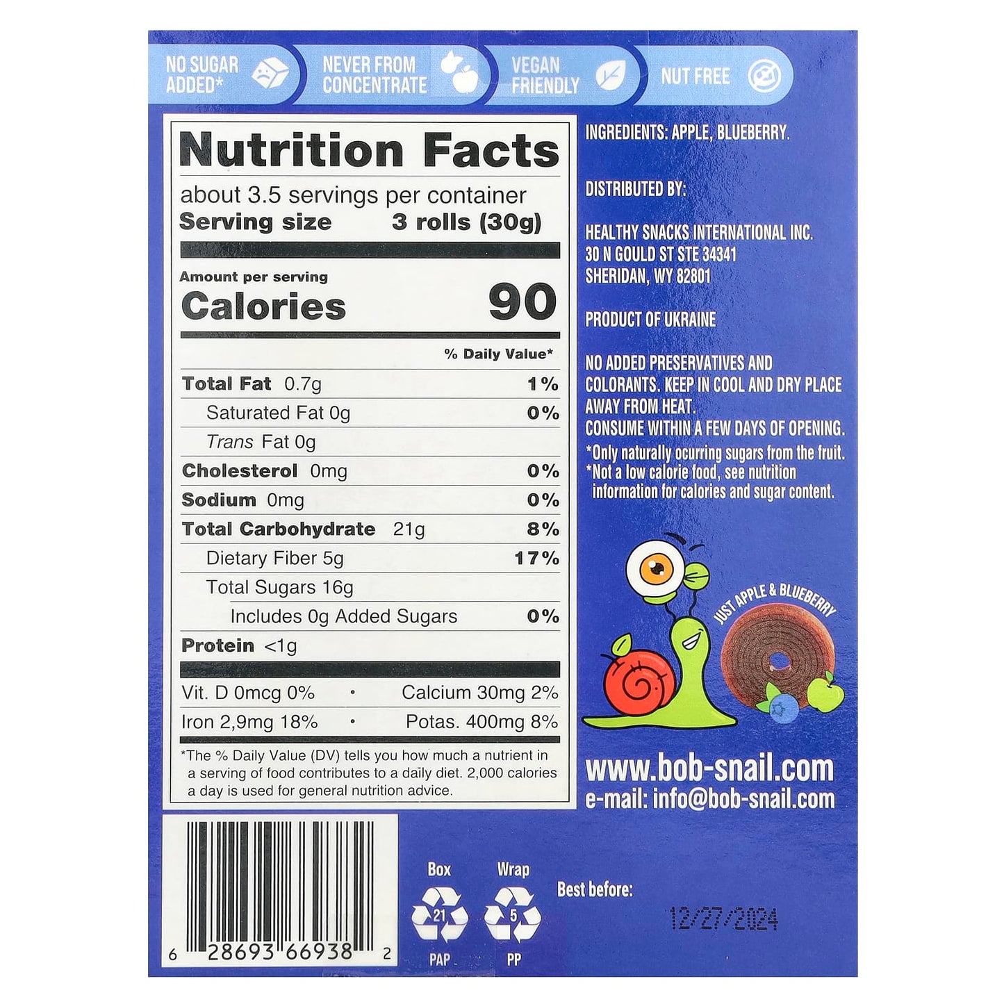 Delicious Bob Snail Apple-Blueberry Fruit Rolls, 10 Pouches, Non-GMO, Vegan - Image 2